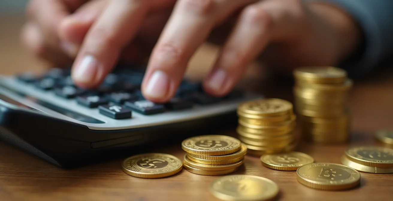 Gros plan sur des mains utilisant une calculatrice moderne avec pièces dorées en arrière-plan