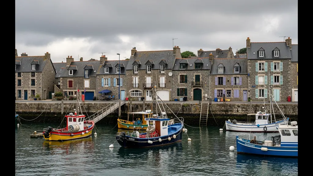 Vue panoramique d'un port de plaisance breton avec maisons colorées typiques du Finistère