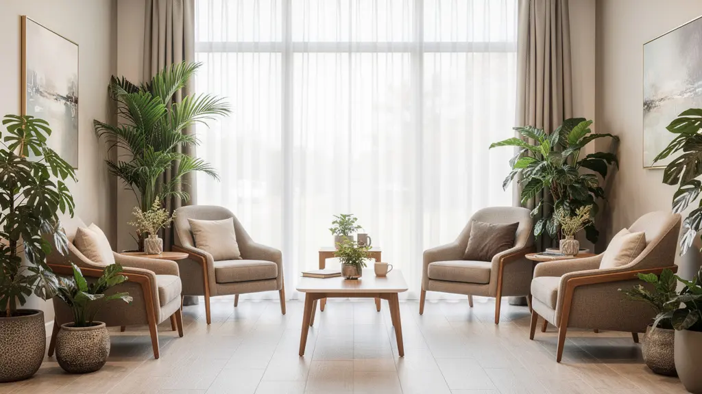 Salon lumineux d'une résidence senior avec fauteuils confortables et plantes vertes