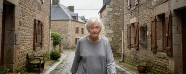 Senior marchant dans une rue pittoresque d'un village breton en Finistère