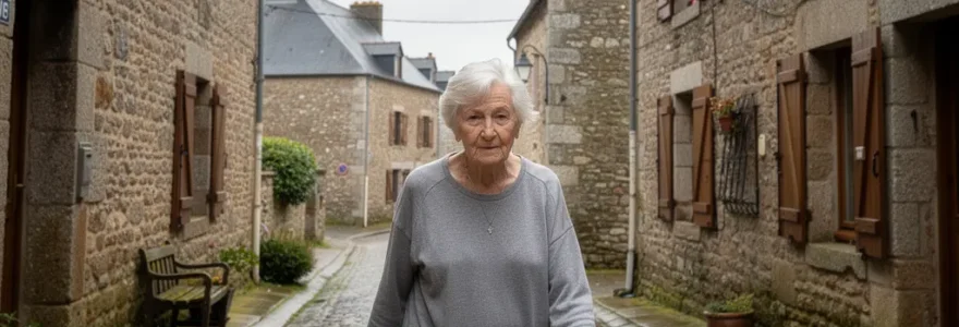 Senior marchant dans une rue pittoresque d'un village breton en Finistère