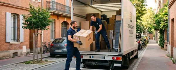 Deux déménageurs professionnels chargeant des cartons dans un camion devant une rue toulousaine ensoleillée