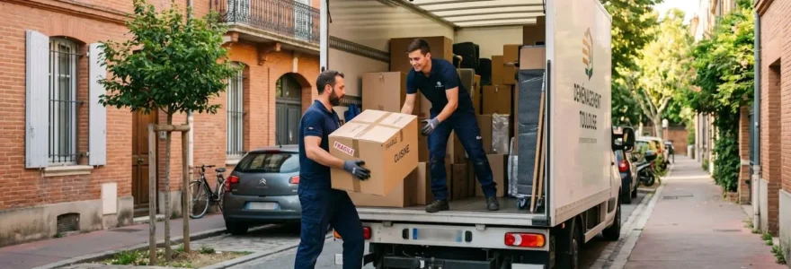 Deux déménageurs professionnels chargeant des cartons dans un camion devant une rue toulousaine ensoleillée