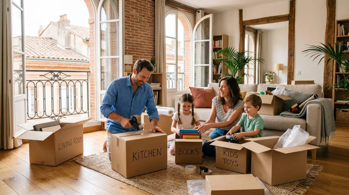 Une famille avec deux enfants emballant des affaires dans des cartons dans un salon avant un déménagement à Toulouse